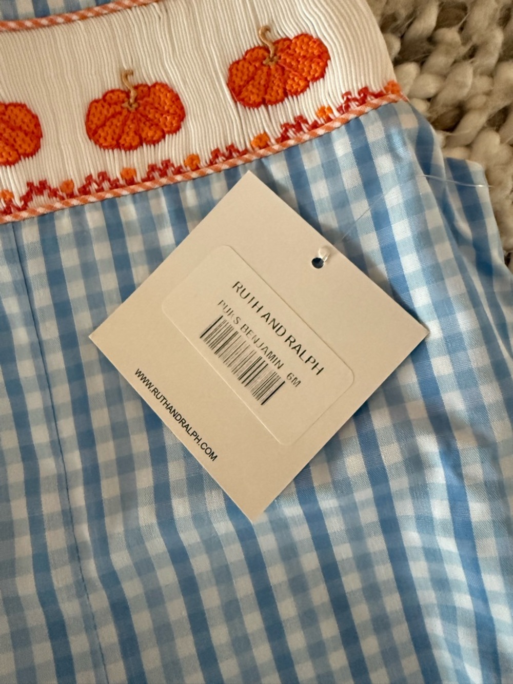 Blue Gingham Pumpkin Smocked Kids One-Piece - Picture 2 of 2